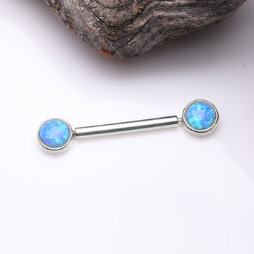 Detail View 1 of A Pair of 14 Karat White Gold OneFit Threadless Round Fire Opal Bezel Set Nipple Barbell-Blue Opal